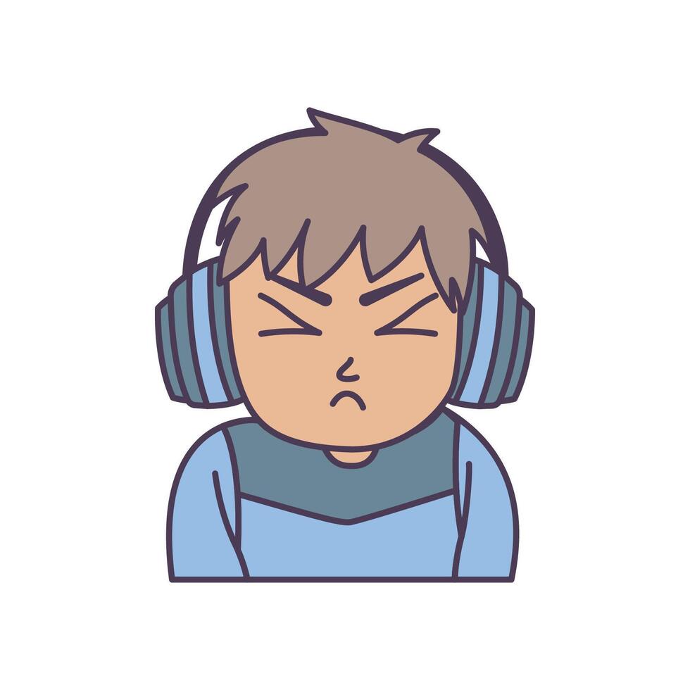 Cute Gamer Boy Cartoon Character Wearing Headset with Stress Expression vector