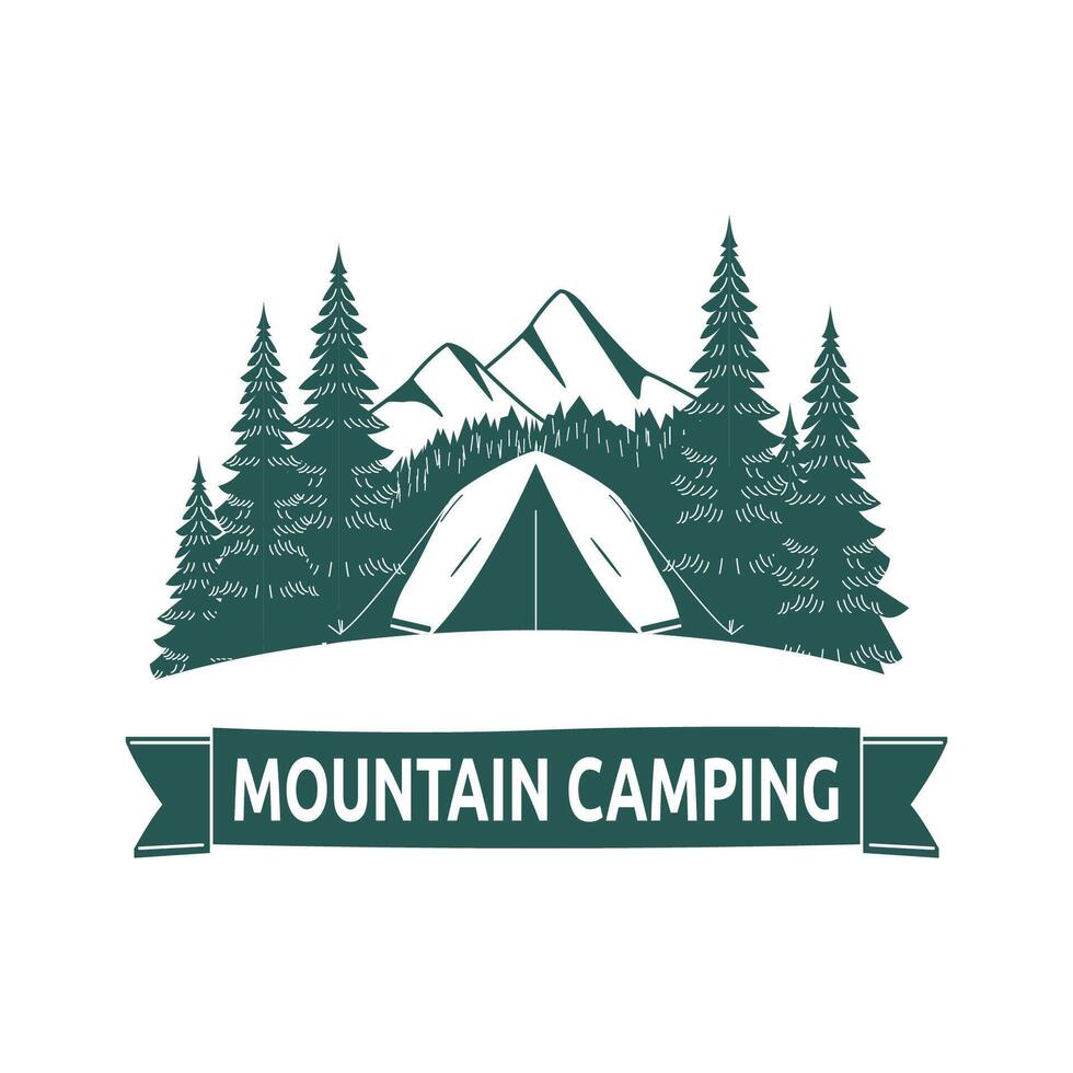Logo Design of Camping Camp Tent in Green Mountain View with Pine Trees in Forest vector