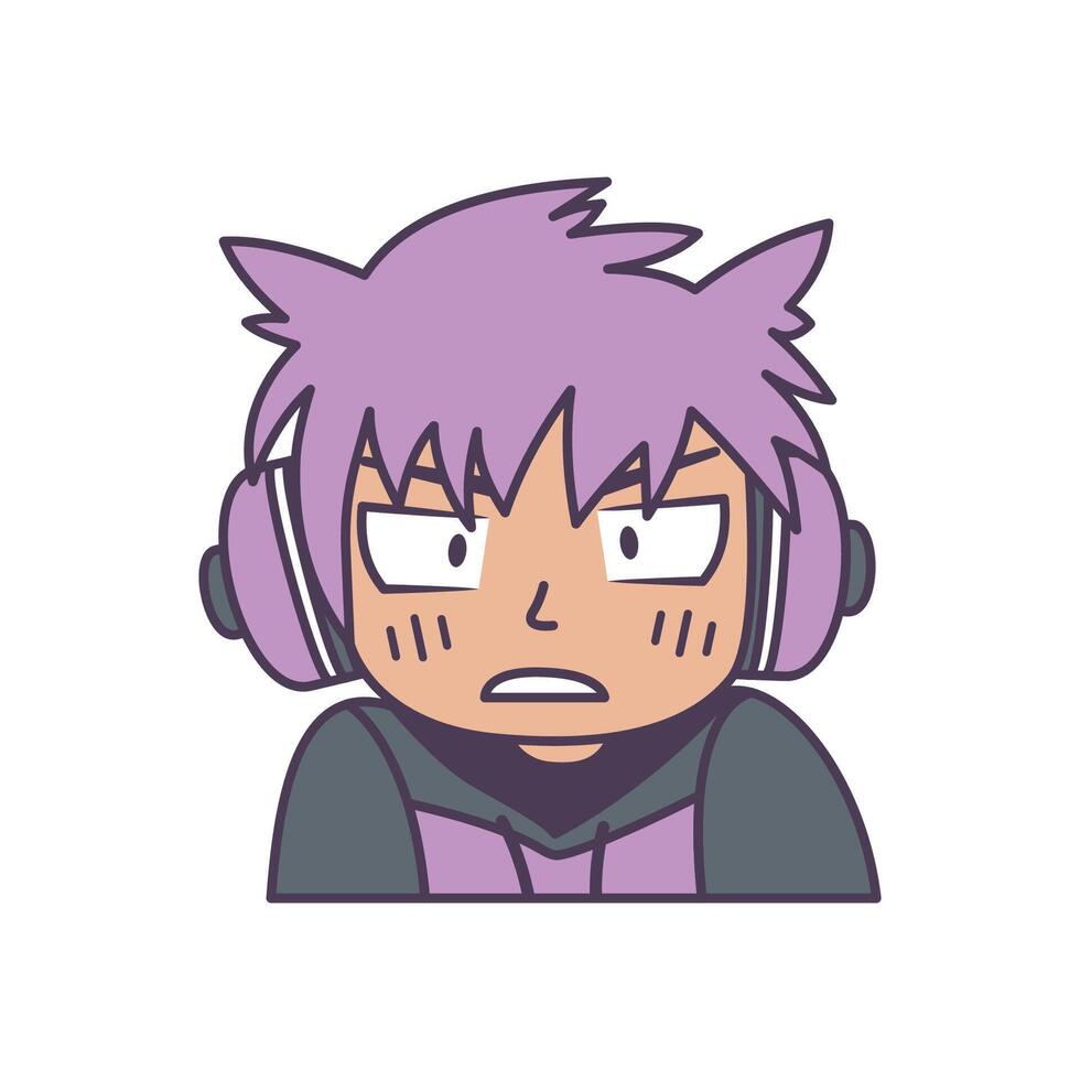Cute Gamer Boy Cartoon Character Wearing Headset with Annoyed Expression vector