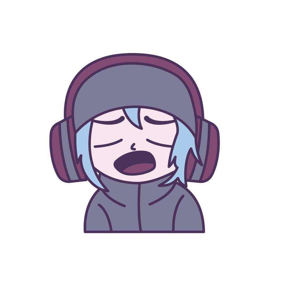 Cute Gamer Boy Child Cartoon Character Wearing Headset with Sad Tired Expression vector