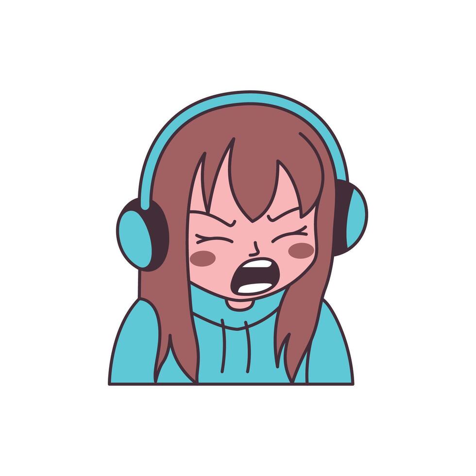 Cute Gamer Girl Cartoon Character Wearing Headset with Angry Screaming Expression vector
