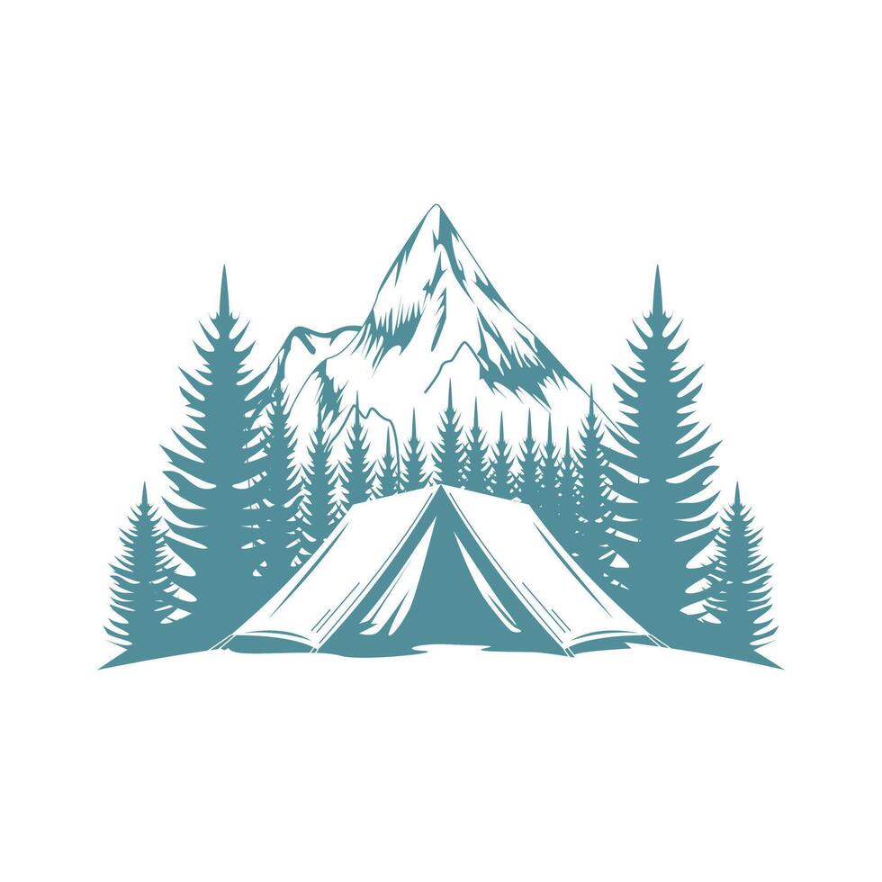 Logo Design of Camping Camp Tent in Mountain View with Pine Trees in Forest vector