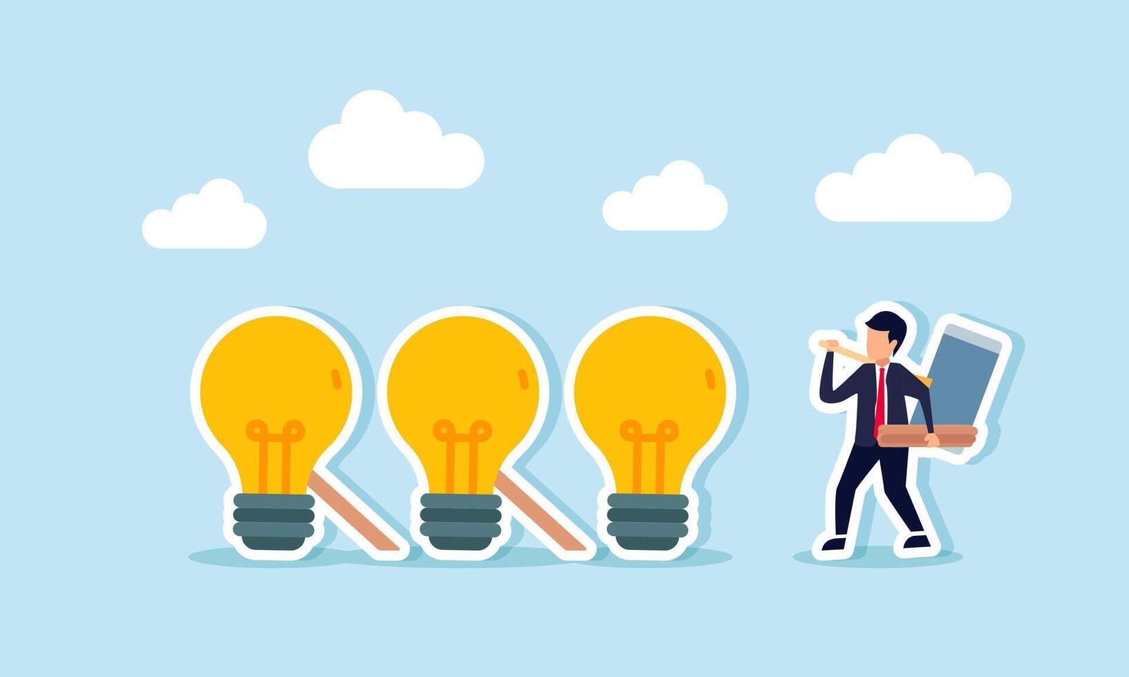 A businessman carrying wood and a big hammer intends to support a row of lights to prevent them from falling, illustration of maintaining and improving business ideas to stay relevant vector