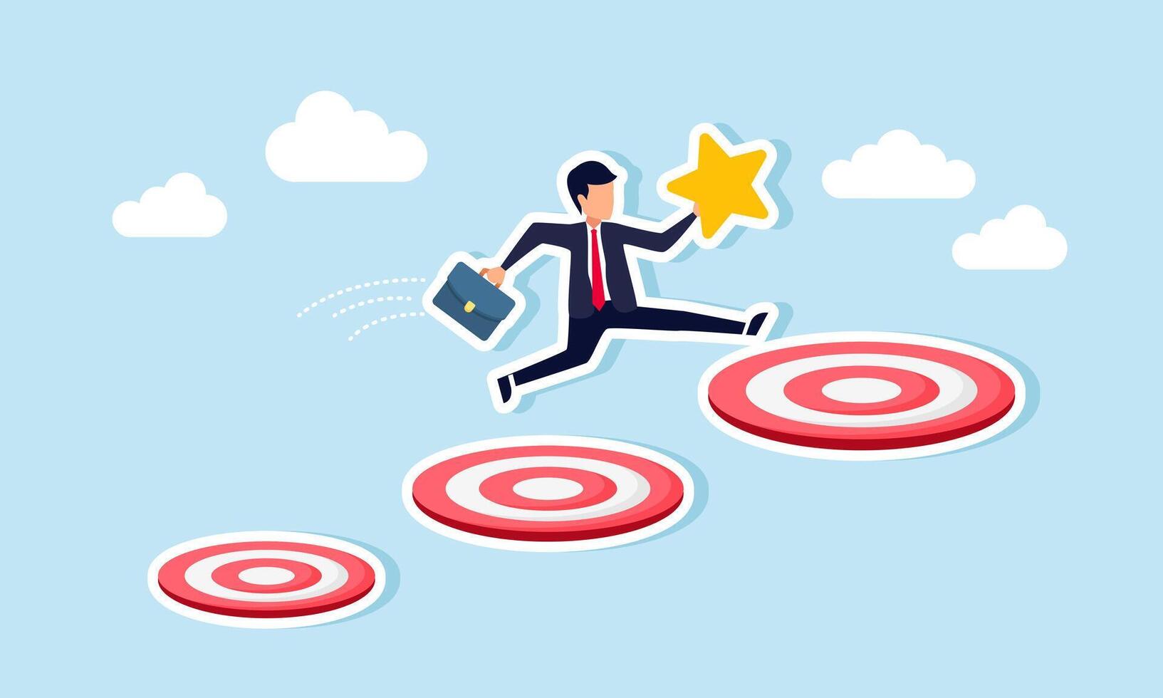 A businessman carrying a star runs and jumps over a row of target boards, illustration of step-by-step achievement in completing business targets to ensure high-quality business vector