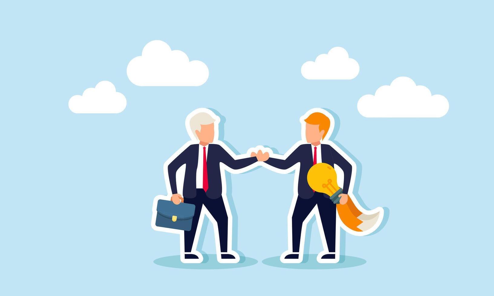 An elderly businessman shakes hands with a fox-tailed business partner carrying a lamp, illustration of an agreement with a cunning partner proposing business ideas and innovations vector