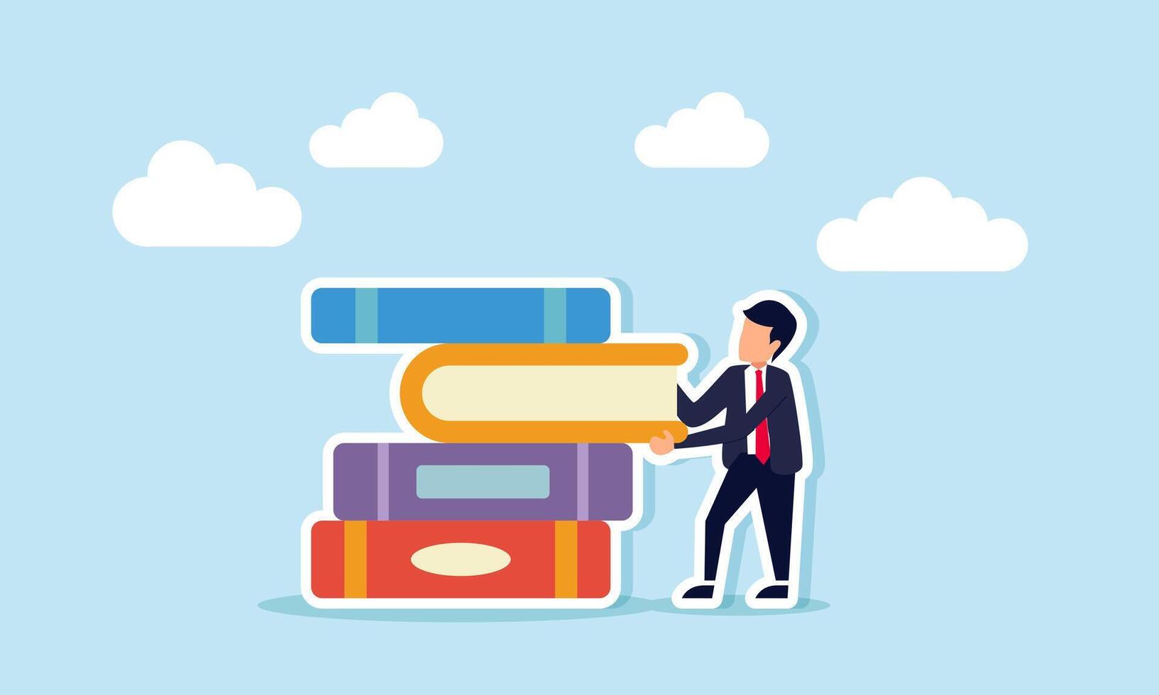 A businessman pulls a book from a stack of books, illustration of a final review of completed business project reports vector