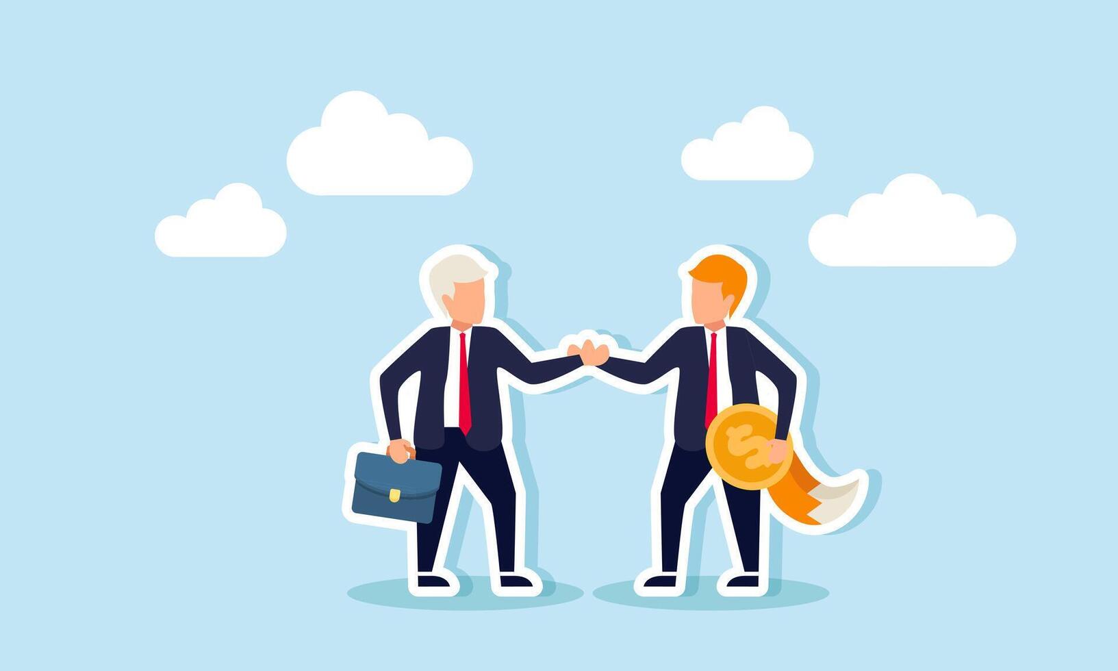 An elderly businessman shakes hands with a fox-tailed business partner carrying a dollar coin, illustration of an agreement with a cunning partner in financial management vector