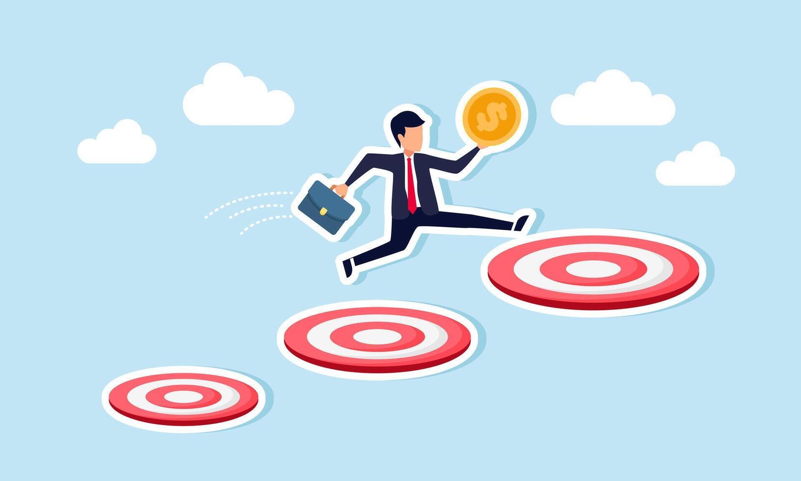 A businessman carrying a dollar coin runs and jumps over a row of target boards, illustration of step-by-step achievement in completing business targets to gain increased profits vector