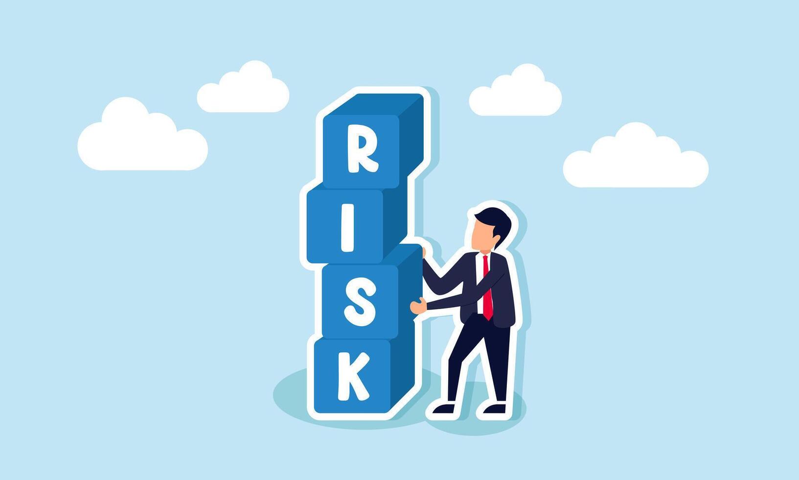 A businessman pulls a block labeled S from a stack of blocks spelling RISK, illustration of final review and assessment of business risk mitigation vector