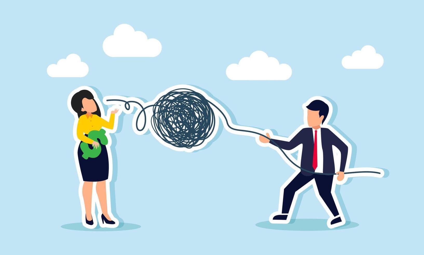 A businessman pulls chaotic elements out of a businesswoman mouth holding a dollar sign, illustration of receiving useless financial input vector