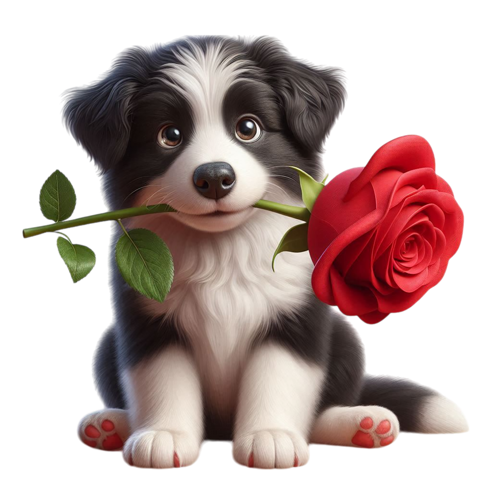 Adorable Puppy Holding a Red Rose png