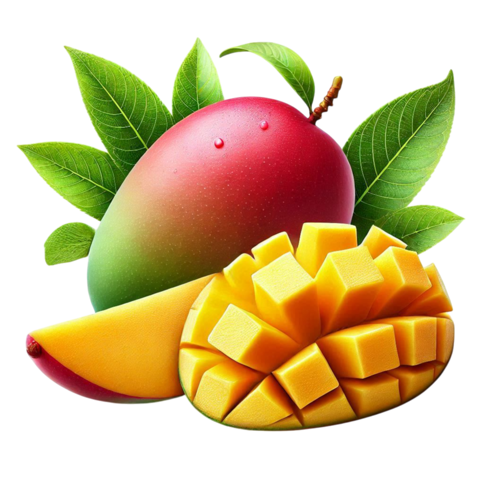 mango fruit with leaves and a slice of mango png