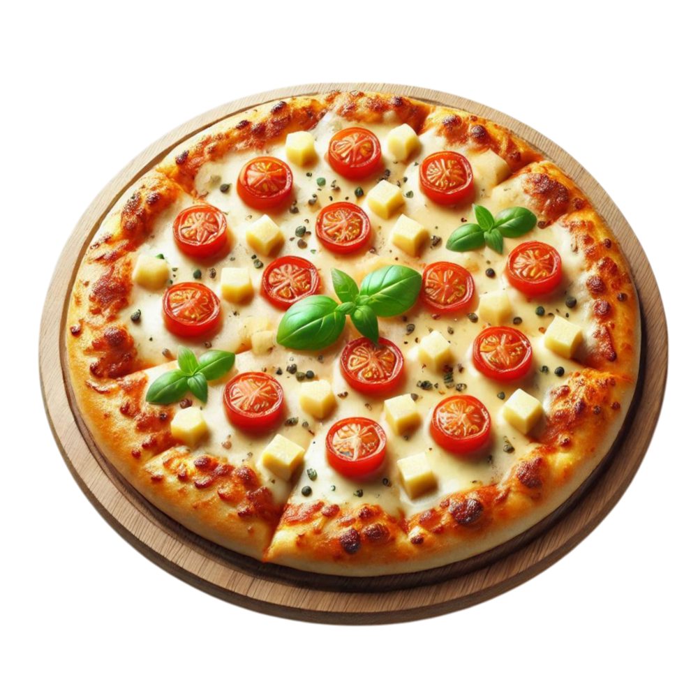 pizza with cheese and tomatoes on a wooden plate png