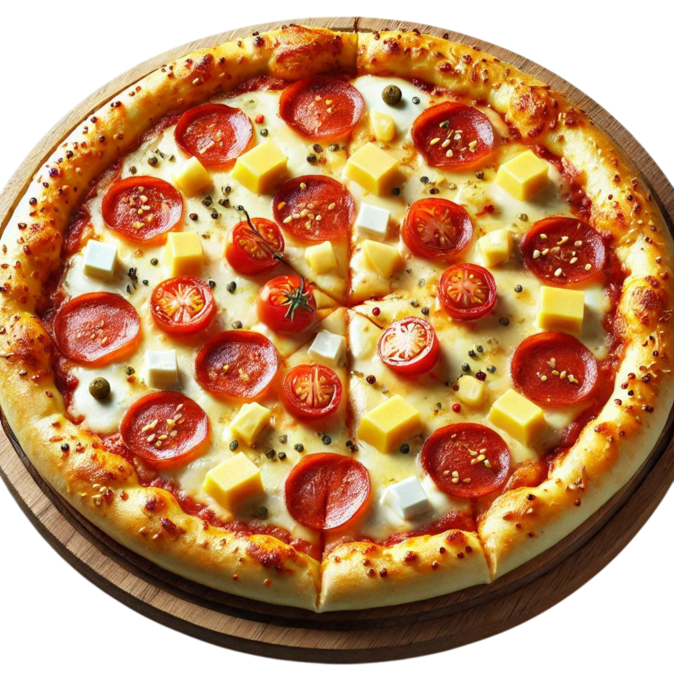 Freshly Baked Pizza with Gooey Cheese and Ripe Tomato Slices on Wooden Tableware png