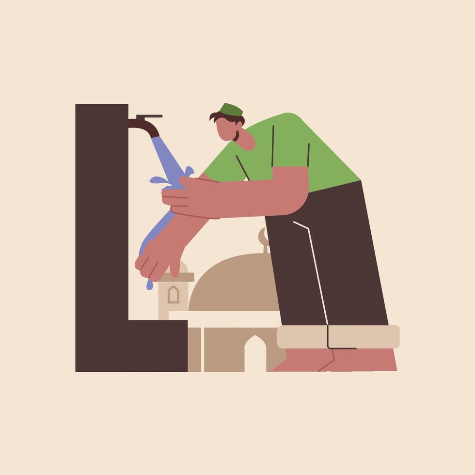 Flat Illustration of a Man Performing Wudu Islamic Ritual Purification vector