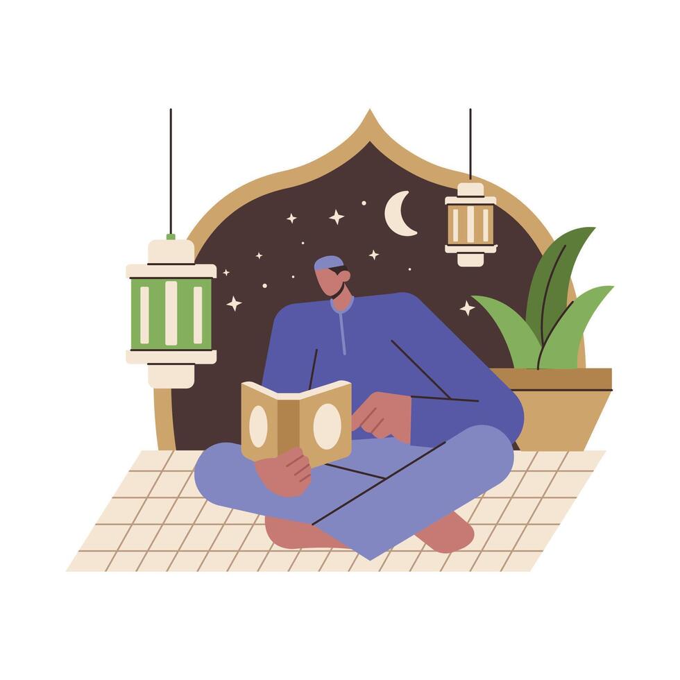 Flat Illustration of a Man Reciting the Quran. Islamic Worship and Devotion vector