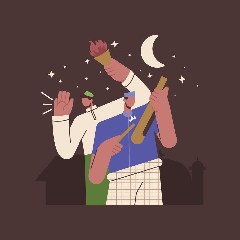 Flat Illustration of a Man Waking Up Neighbors for Suhoor Using a Traditional Drum vector