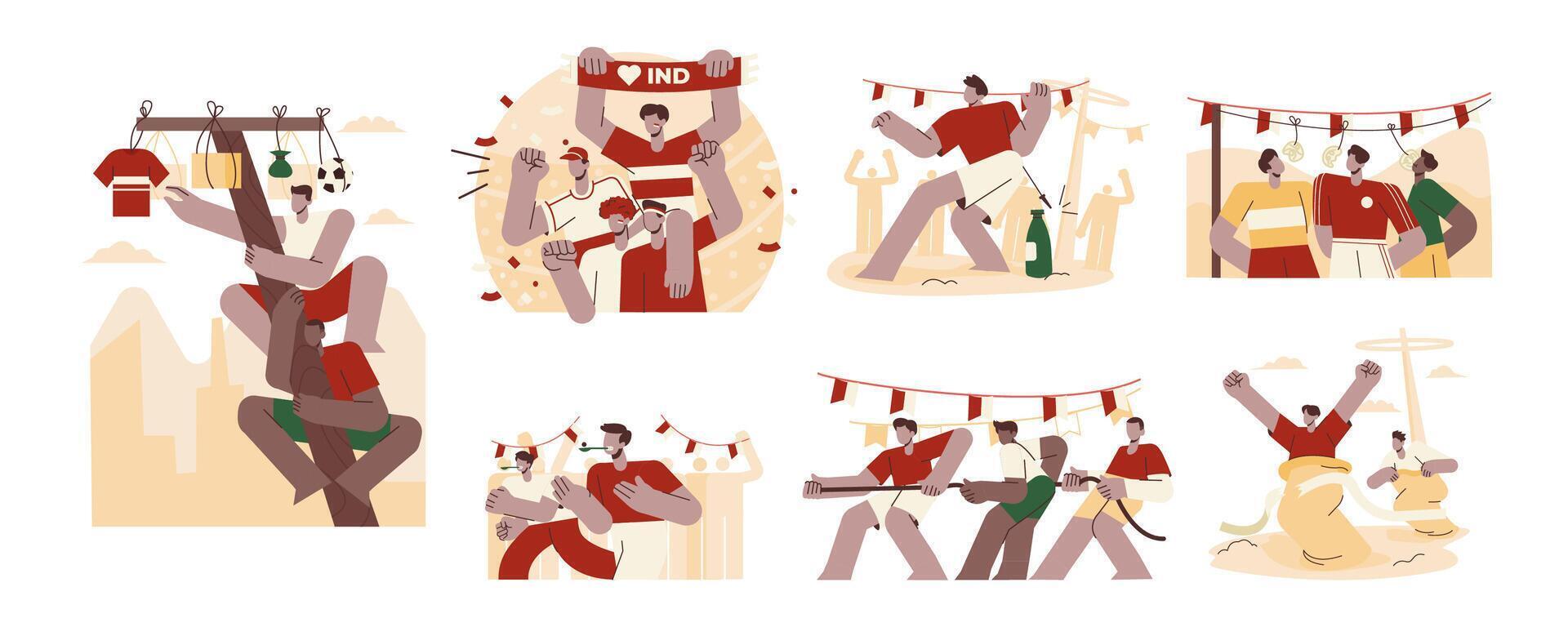 Set of Flat Illustrations for Indonesia Independence Day With Various Traditional Games vector