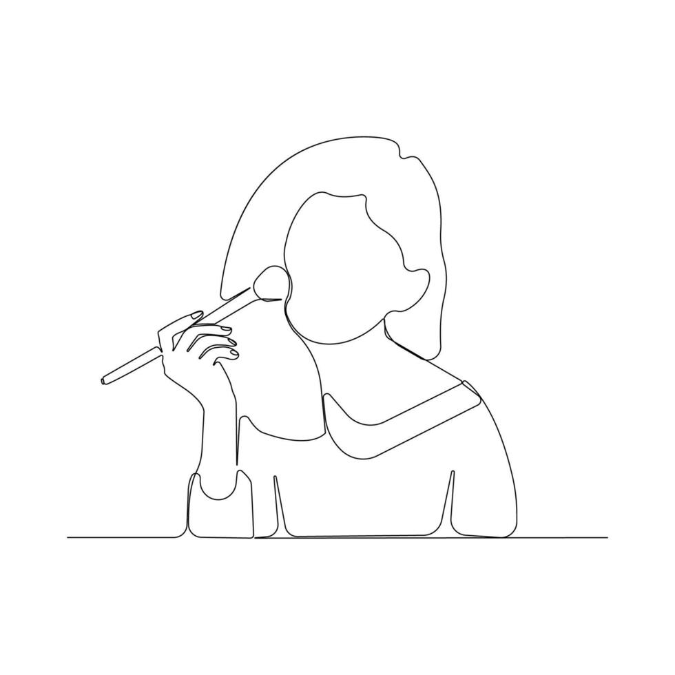 Woman applying makeup on her face continuous line drawing. vector