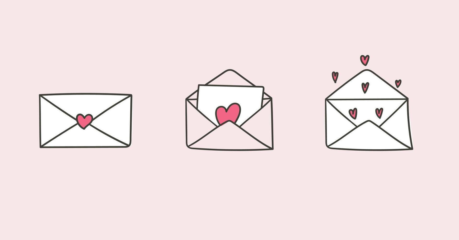 Set of doodle envelopes with love icon, romantic valentines day events vector