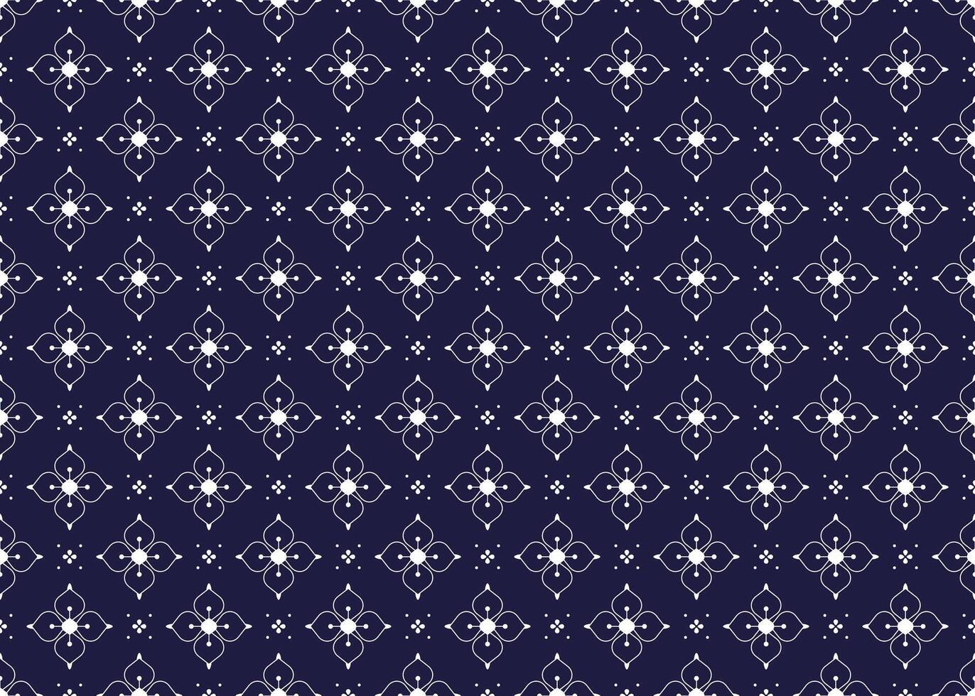 White outline symbol floral on dark blue background, ethnic fabric seamless pattern, design for cloth, carpet, batik, wallpaper, wrapping etc. vector