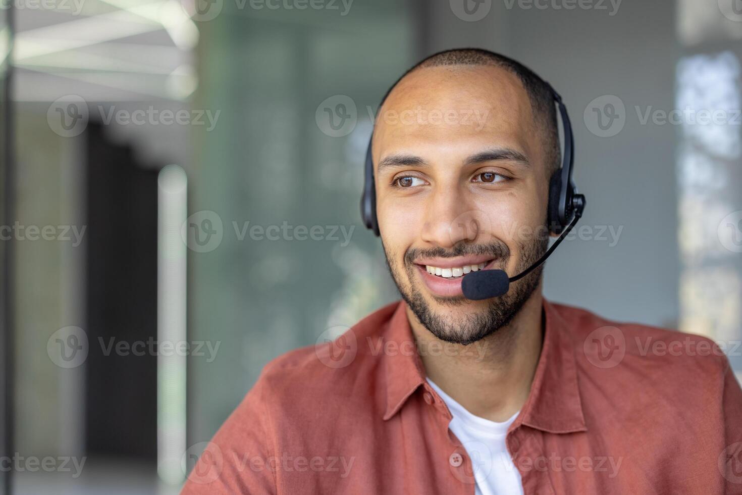 A professional customer service representative wearing a headset provides excellent support with a positive attitude. Capturing the essence of communication and teamwork in office settings. photo