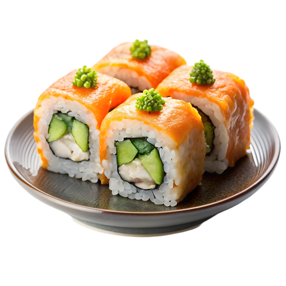 Delicious Spicy Salmon Sushi Rolls with Cucumber Transparent Background png