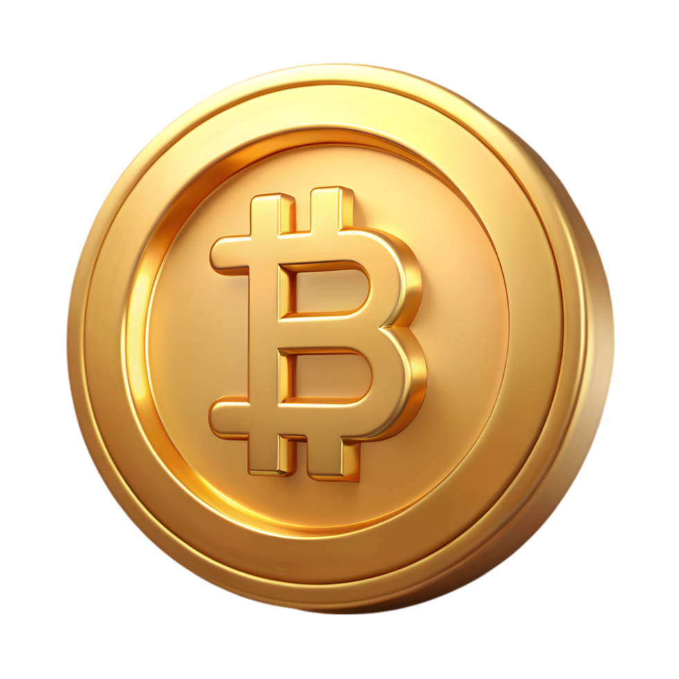 Golden Bitcoin Cryptocurrency Coin 3D Render Transparent Background png