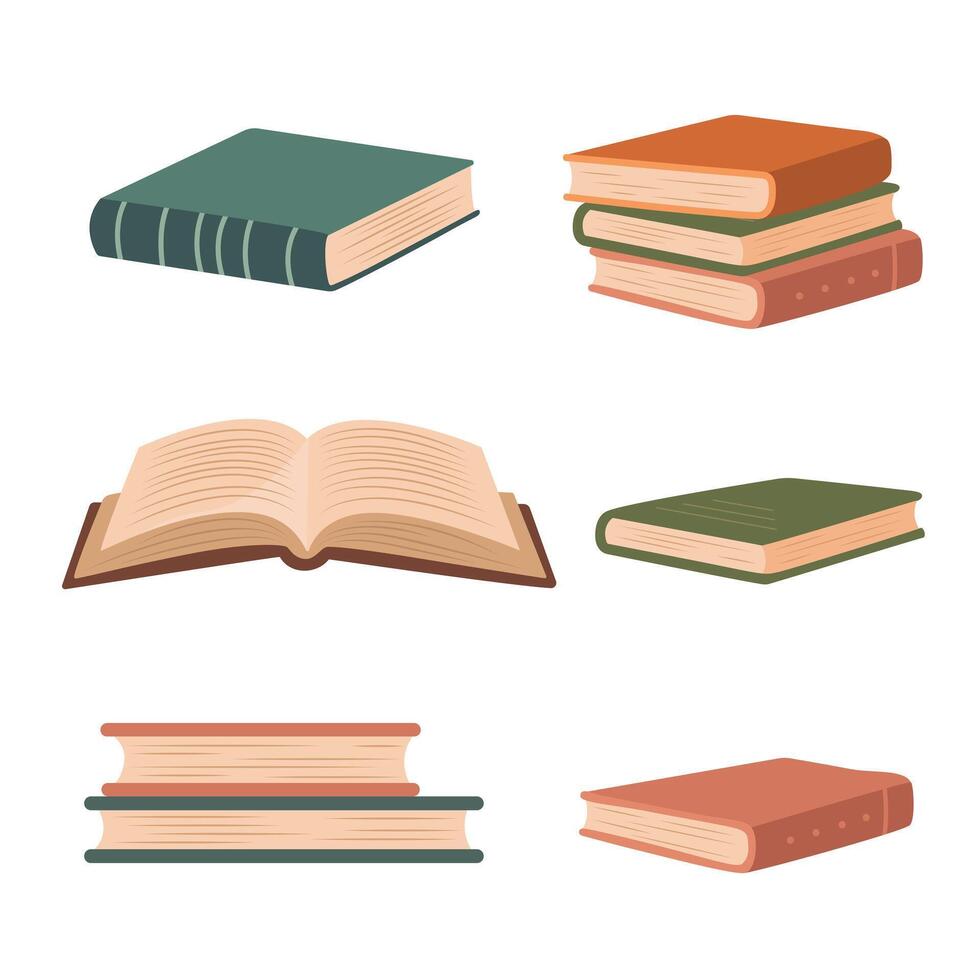 Set of books. Closed, open, discussion stacked on top of each other. Books for reading and education. vector