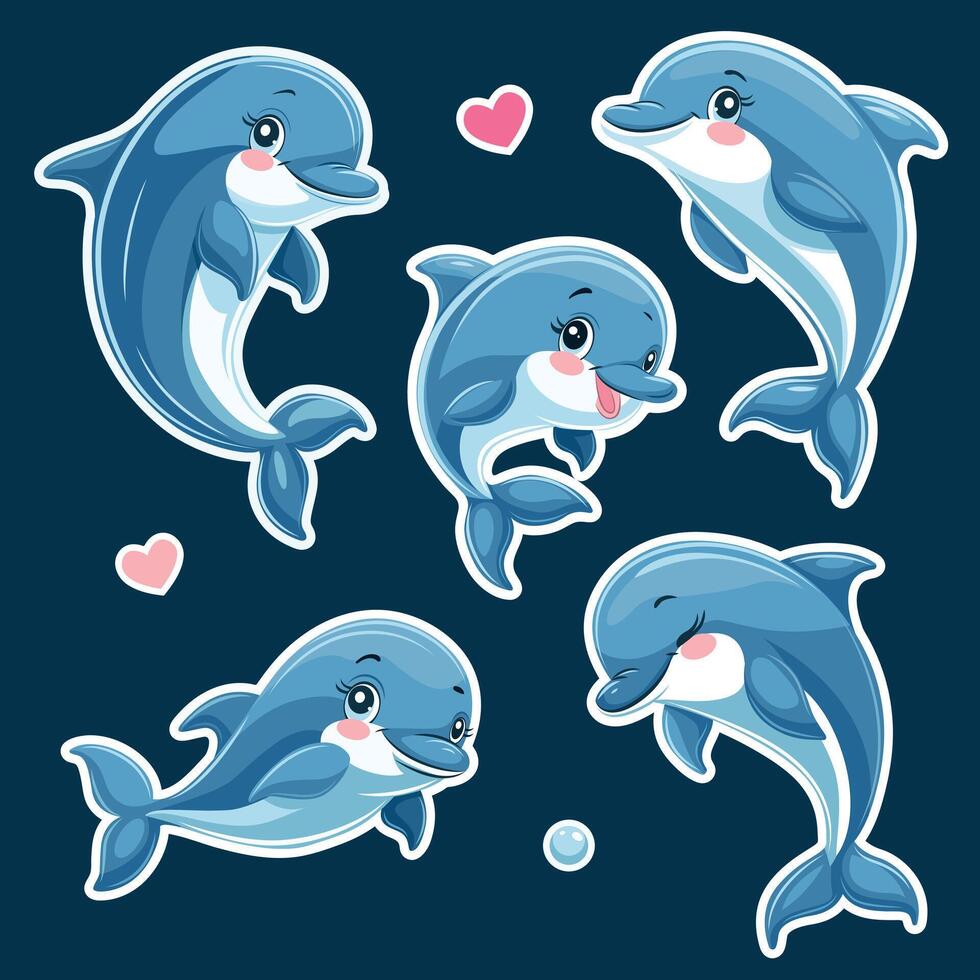 A set of stickers with dolphins in a cartoon style. vector