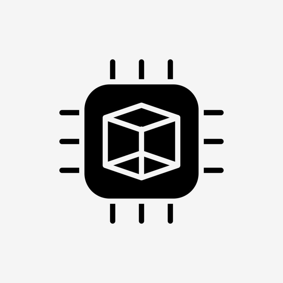 Icon Solid Black microchip processor gpu for rendering 3d design. Technology and system concept, Glyph style. vector