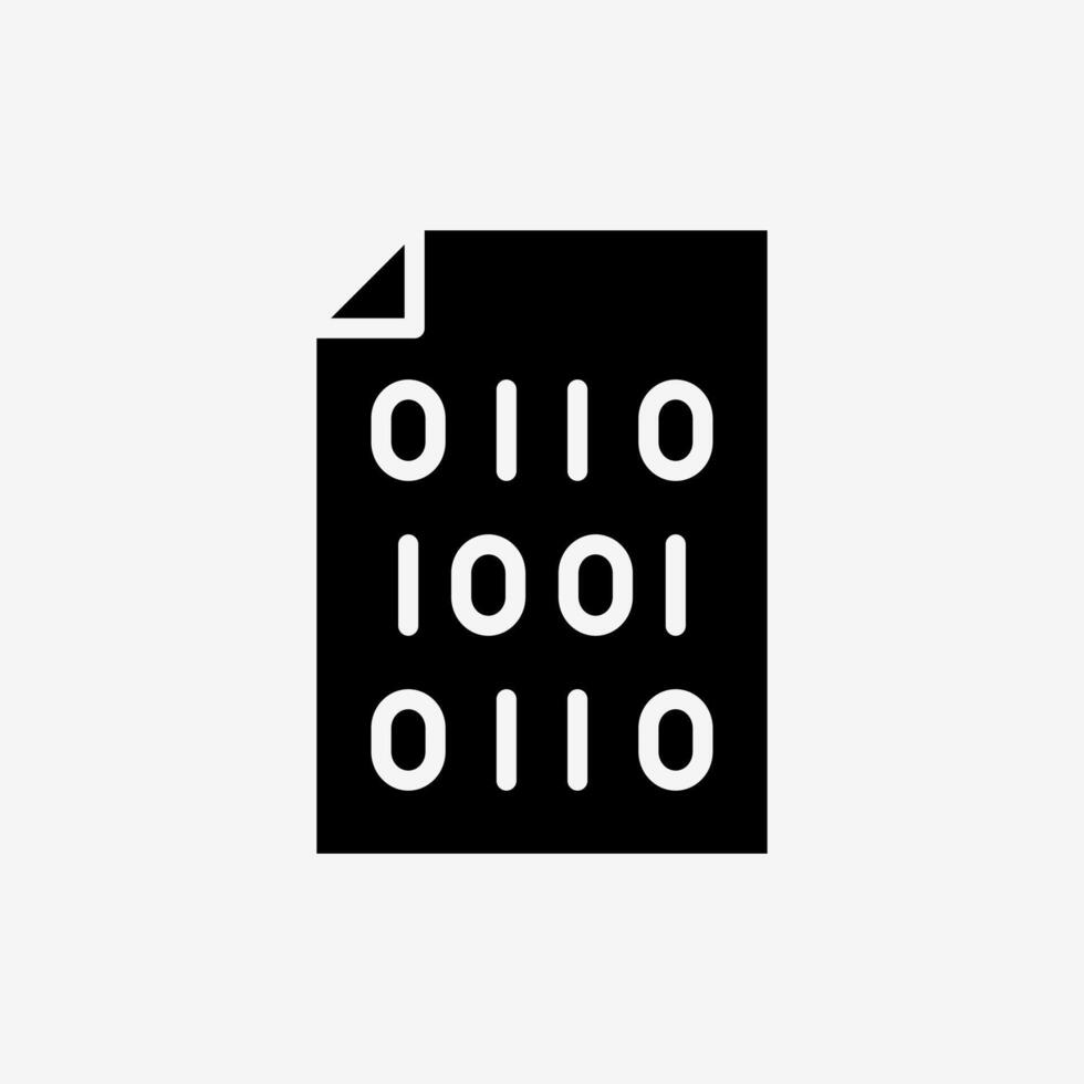 Icon Solid Black Paper file document with binary code. Technology and system concept, Glyph style. vector