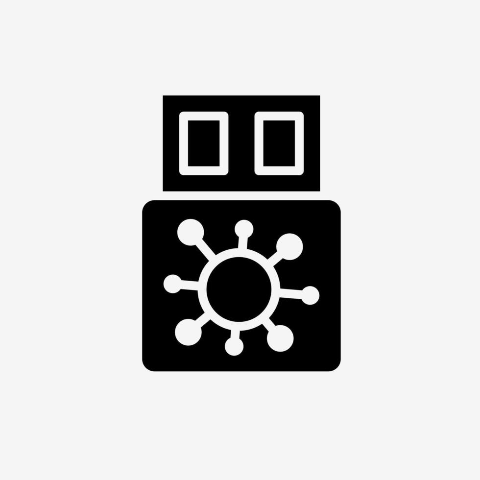Icon Solid Black Virus on USB flash drive. Technology and system concept, Glyph style. vector