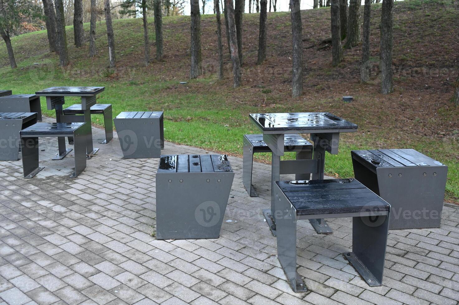 a group of metal benches and tables in a park photo