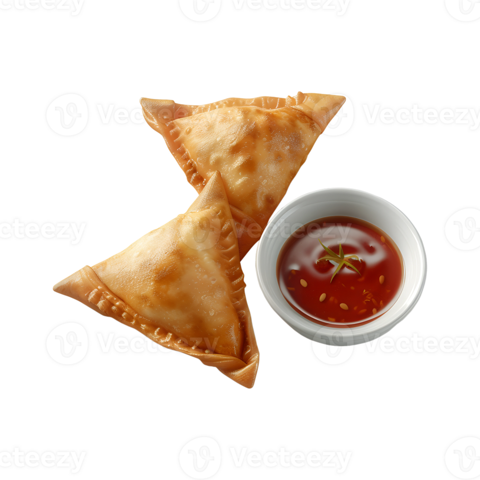 Indian Samosas Isolated with a cup of sauce png