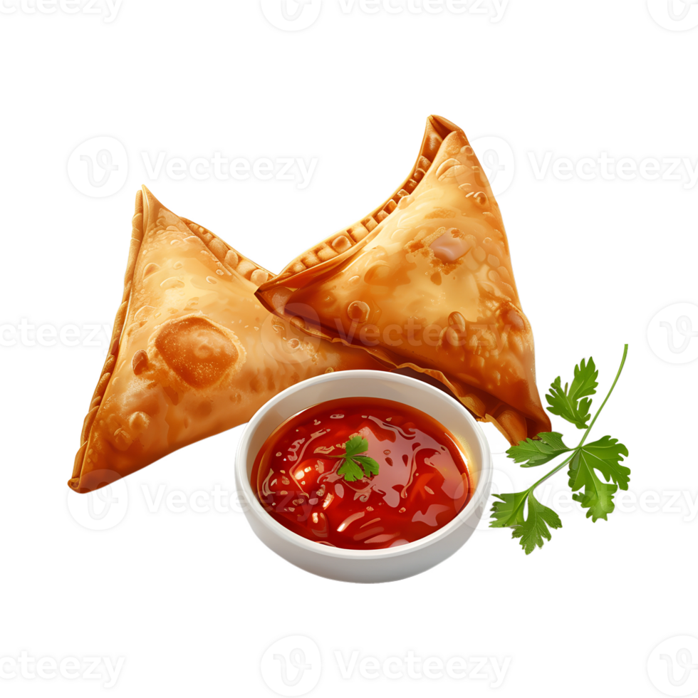 Fried Samosas Isolated Perfectly with a bowl of ketchup png