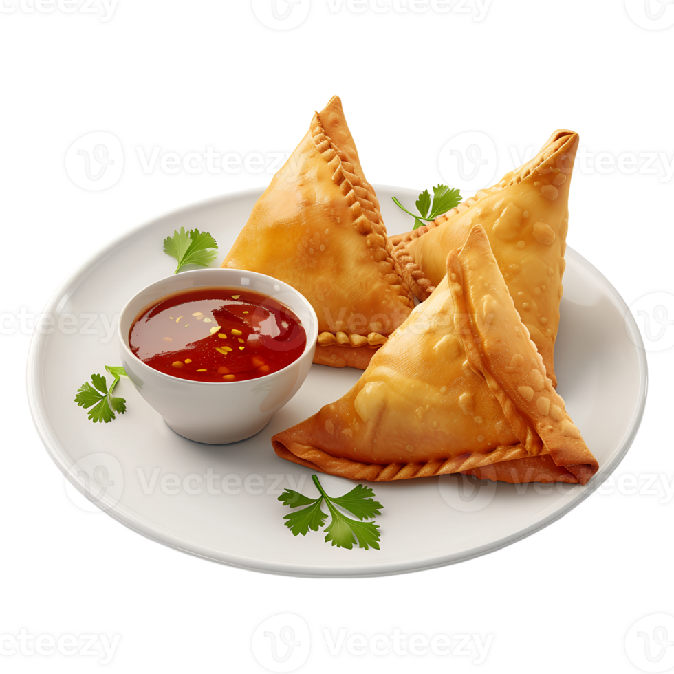 Golden Crispy Samosas on Transparent Background with a plate and a small cup of ketchup png