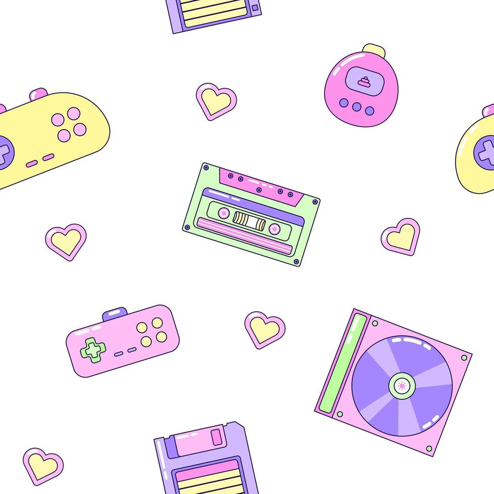 Seamless pattern with audio cassette and gamepad. Multicolored elements on white background. Retro illustration with outline in 90s style. illustration. vector