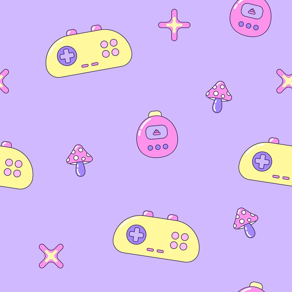 Seamless pattern with gamepads and fly agaric mushrooms. Multicolored elements on purple background. Retro illustration with outline in 90s style. illustration. vector