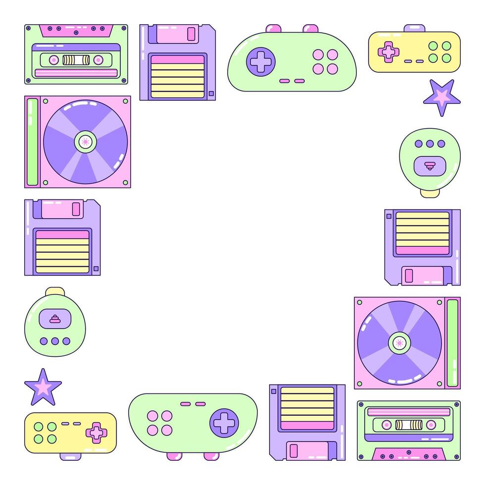 Square Frame Game and Music. Multicolored elements on white background. Retro illustration with outline in 90s style. Isolated illustration. vector