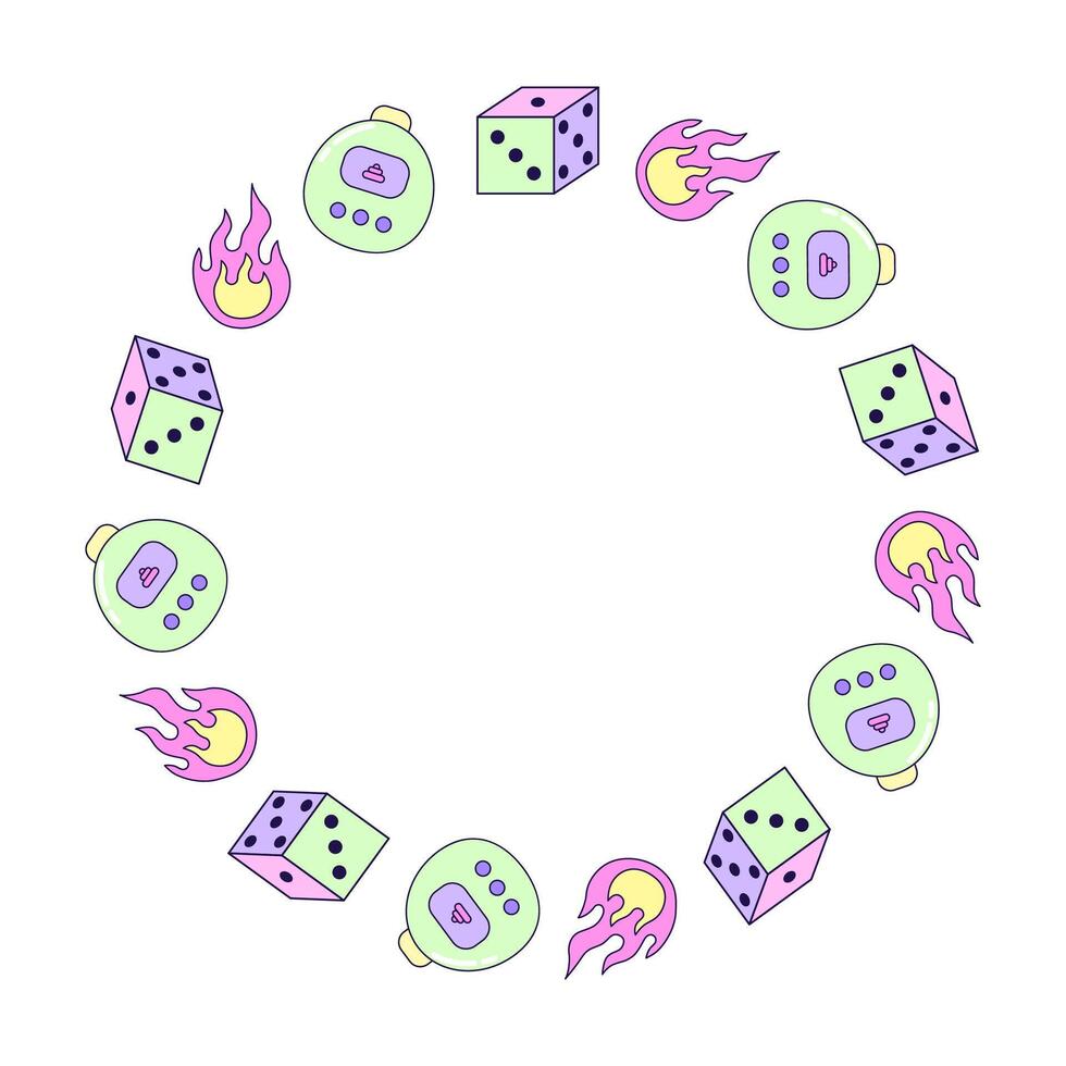 Round frame with fire, cube and electronic toy. Multicolored elements on white background. Retro illustration with outline in 90s style. Isolated illustration. vector