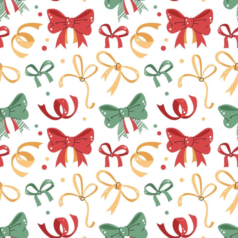Seamless pattern with colorful bows and ribbons. holiday texture in flat style. Merry Christmas and Happy New Year. Suitable for wallpaper, wrapping paper, fabric, etc. vector