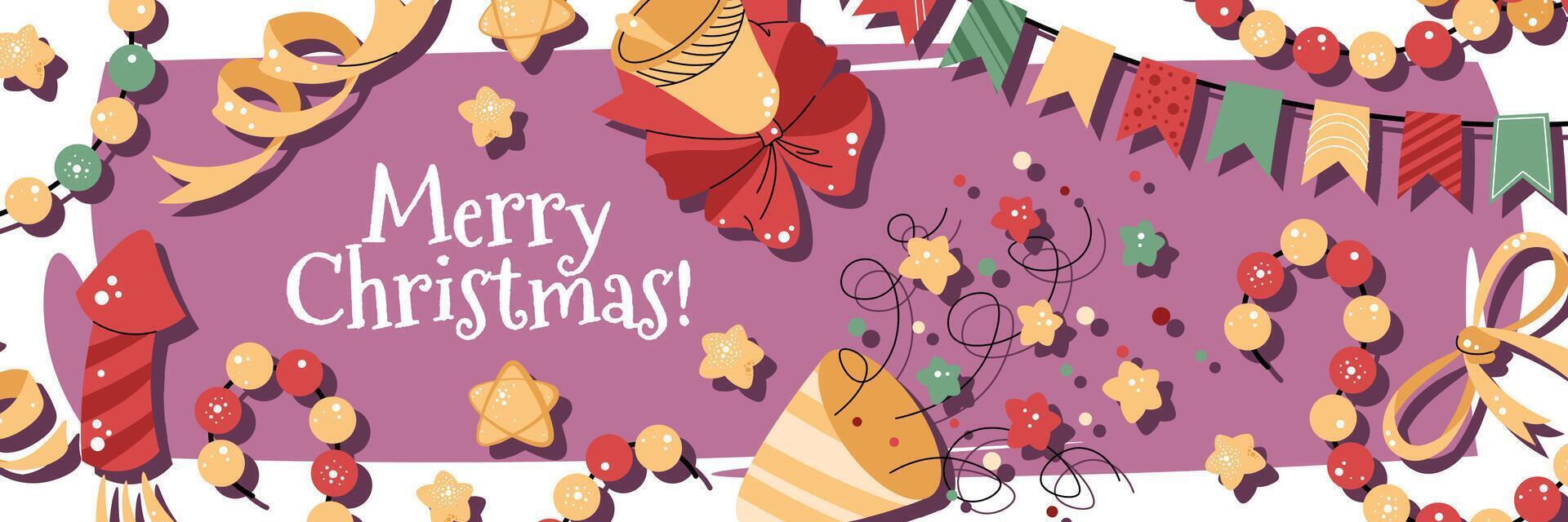Christmas horizontal banner with fireworks, a party popper, a garland, and confetti on a pink background in a flat cartoon style. illustration for poster, banner, invitation, etc. vector