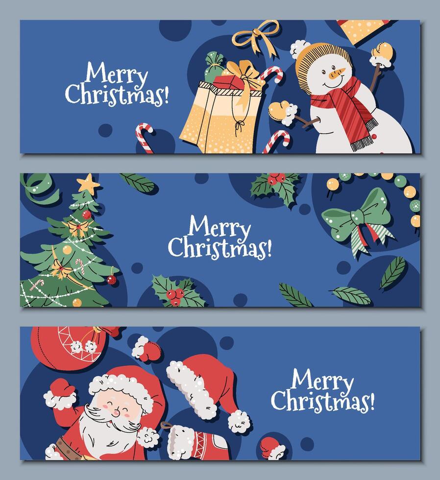 Set of Christmas horizontal banners with Santa, Christmas tree, snowman and gifts on a blue background in a flat cartoon style. illustration for poster, banner, invitation, etc vector