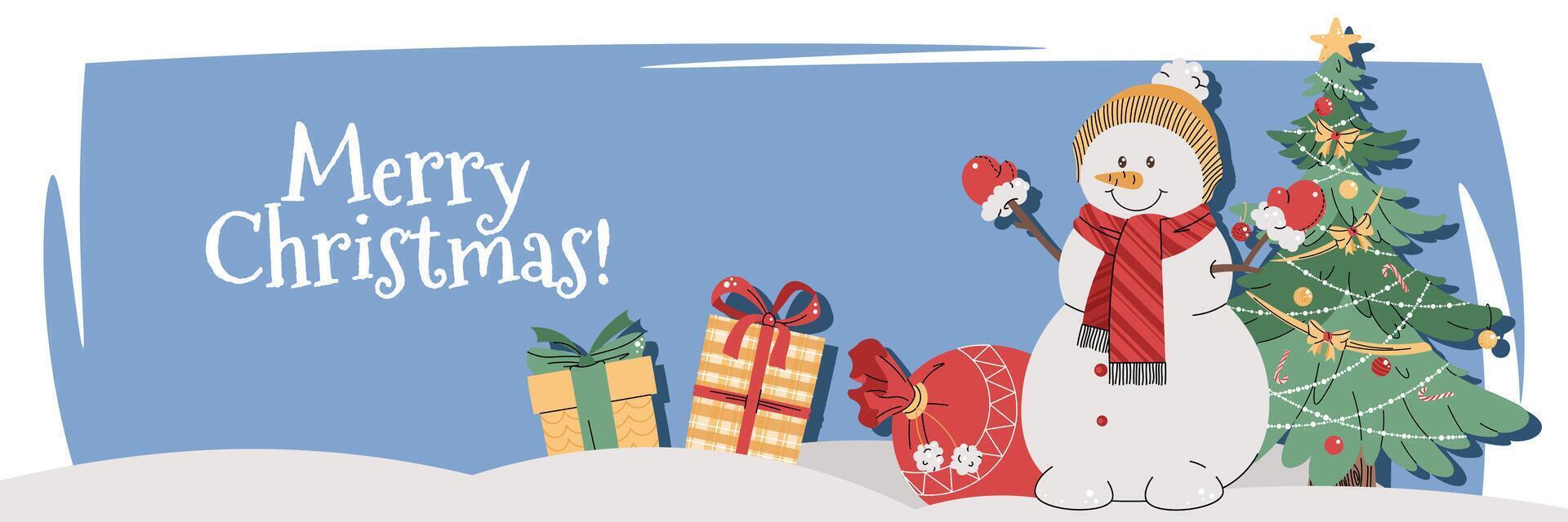 Christmas horizontal banner with a snowman, gifts, and a Christmas tree on a blue background in a flat cartoon style. illustration for poster, banner, invitation, etc vector