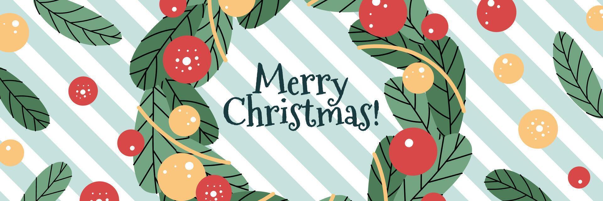 Christmas horizontal banner with Christmas wreath, fir branches and balls in flat cartoon style. illustration for poster, banner, invitation etc. vector