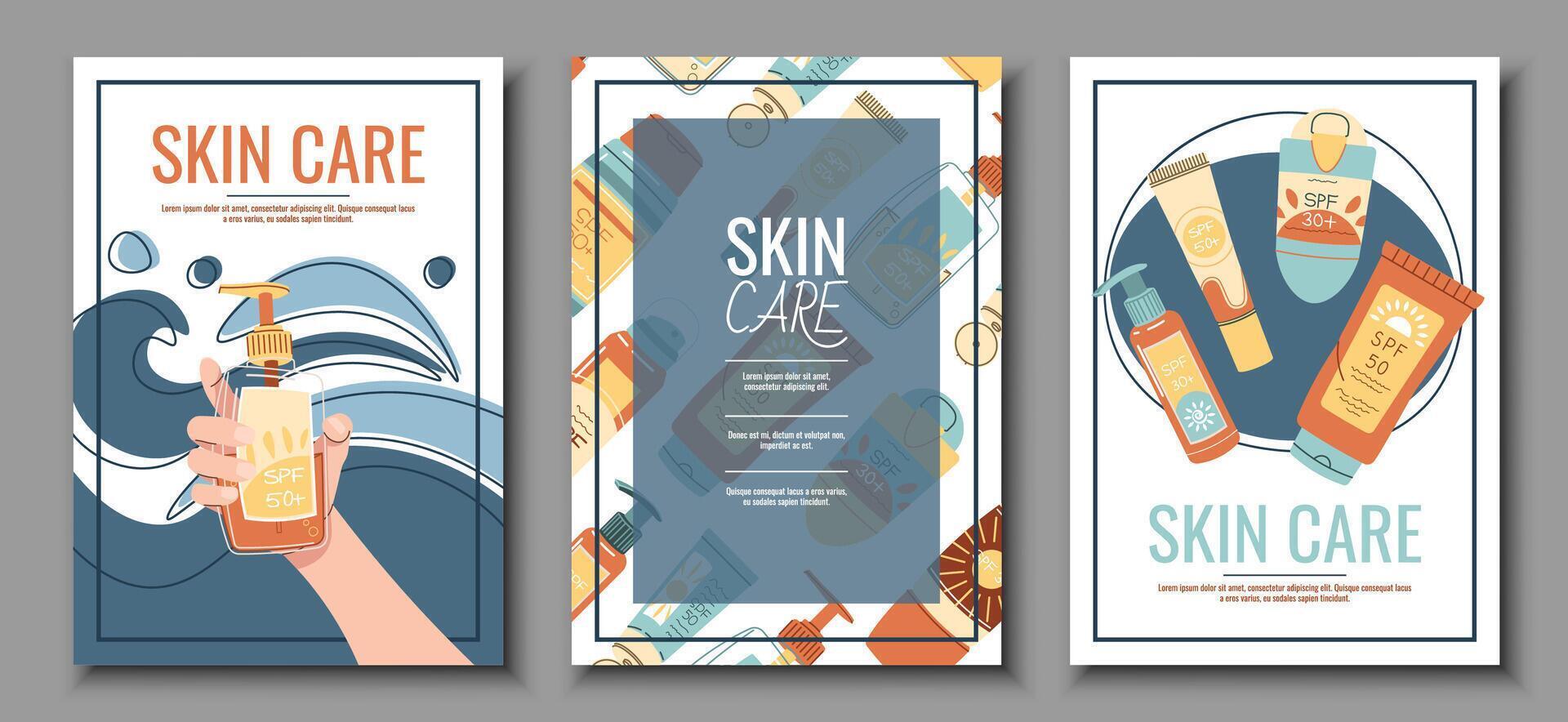 Skin care flyer design set. Summer poster with sunscreen creams with spf. Body skin care, skin moisturizing. Banner for beauty salon, spa, etc. vector