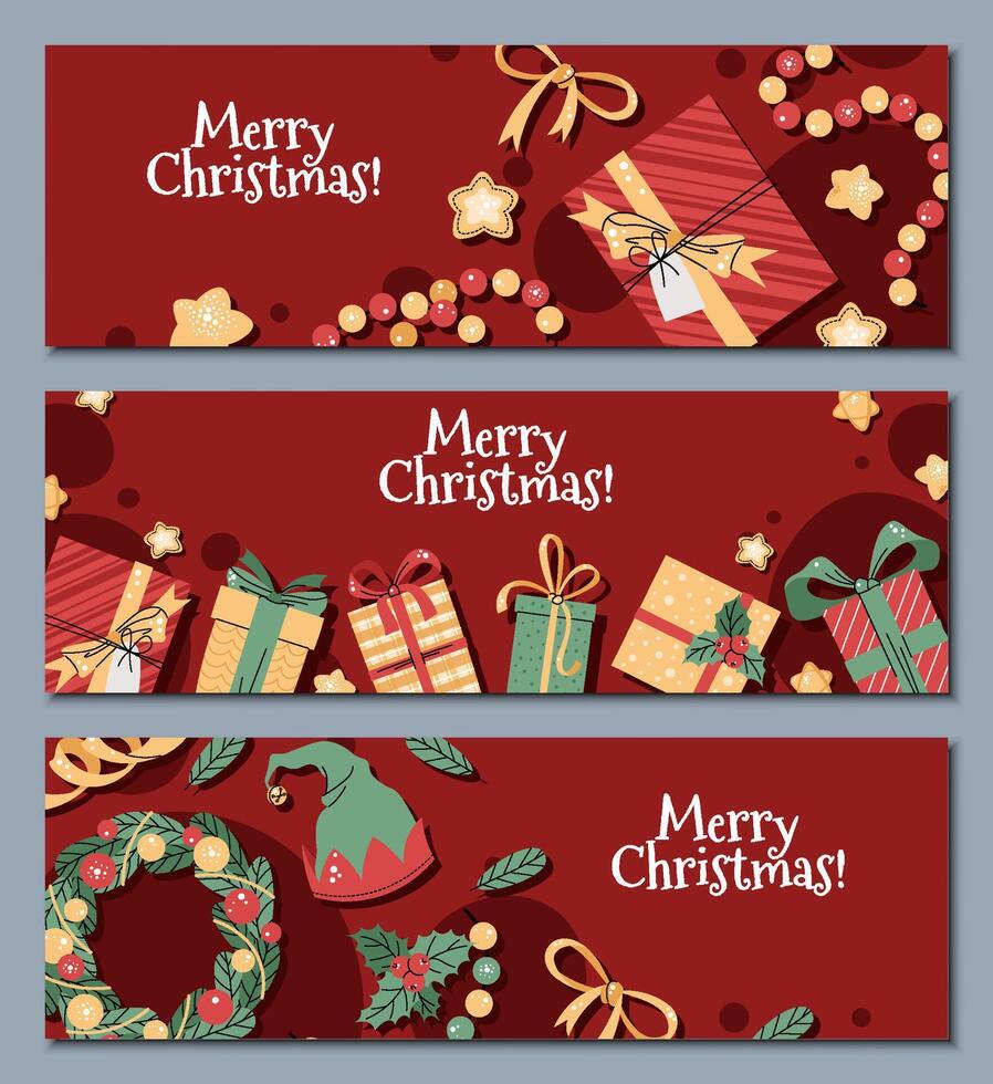 Set of Christmas horizontal banners with gift boxes, a Christmas wreath and stars in a flat cartoon style. background for poster, banner, invitation, etc. vector