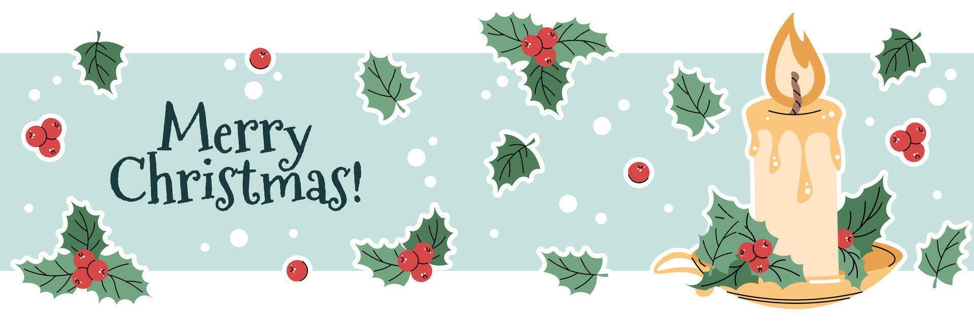 Christmas horizontal banner with a Christmas candle and holly branches in a flat style. illustration for poster, banner, invitation, etc. vector