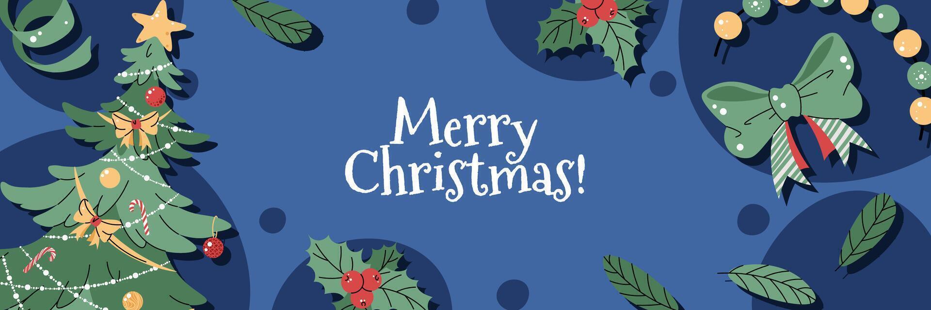 Christmas horizontal banner with a Christmas tree decorated with garland and ornaments on a blue background in a flat cartoon style. illustration for Christmas poster, banner, card, invitation vector